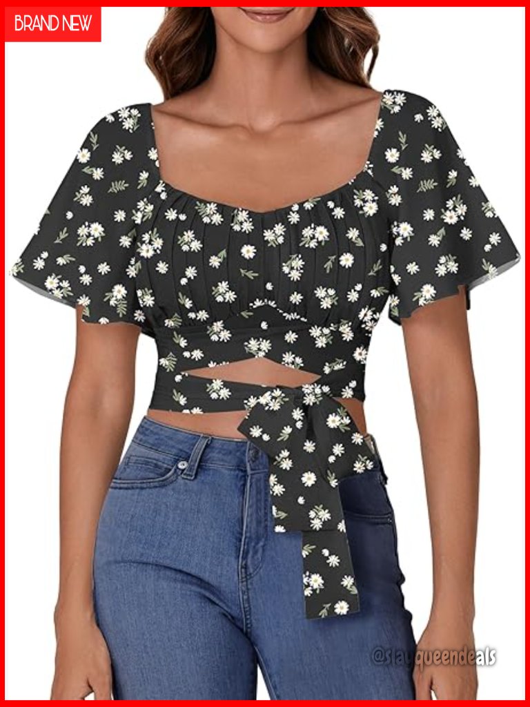 Ruched Wrap Crop Top With Square Neck Ruffle Short Sleeve